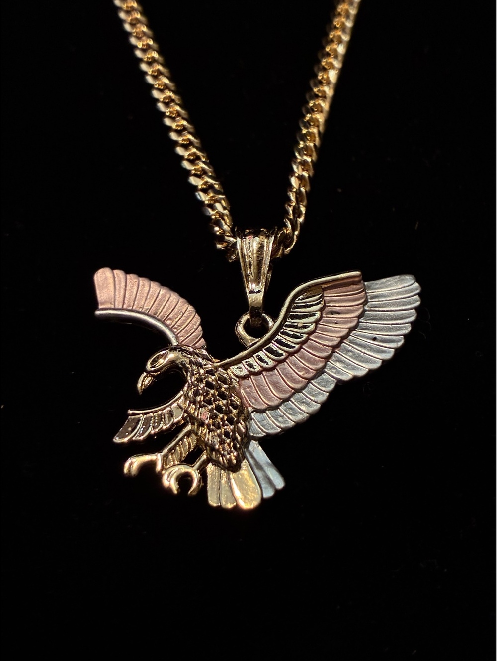 Men's 14K Gold Plated Tri-Color Eagle Pendant Necklace Cuban Link Chain 22”